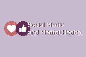 Pink logo that says social media and mental health with heart and thumbs uo
