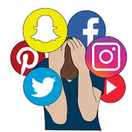 Boy sitting and bending down with hands on head surrounded by social media logos