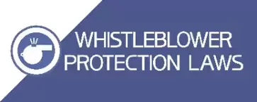 Whistleblower protection laws. Blue poster with the image of a whistle in a circle and text information.