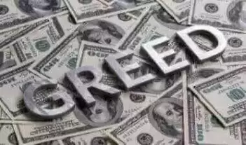 Greed sitting on stacks of hundred dollar bills