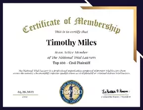 Certificate of membership: Top 100 Civil Plaintiff Trial Lawyers by The National Trial Lawyers Association (2017-2023).